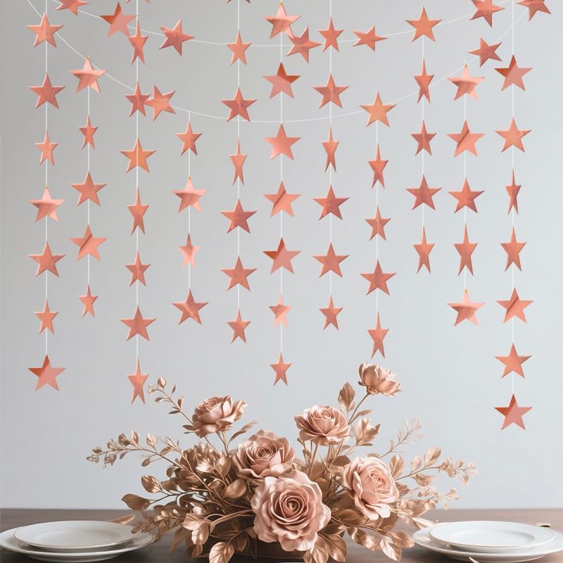 Rose Gold Shining Star Hanging Garland Rose Gold Hanging Sparkling Star Streamer Glitter Bunting Banner Twinkle Backdrop for Wedding Baby Shower Birthday Christmas Decorations 40 Feet - Image 3
