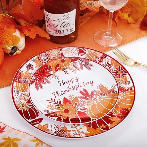 Rubtlamp 60PCS Thanksgiving Plastic Plates, White Orange Pumpkin Plates, Red Disposable Plates with Maple Leaves, Fall Disposable Plates Include 30 Dinner Plates, 30 Salad Plates For Thanksgiving - Image 5