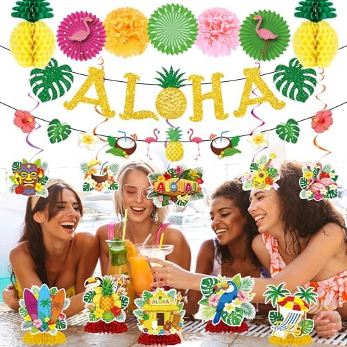 Hawaiian Aloha Party Decorations, 20PCS Hawaiian Tropical Luau Banners with Hanging Swirls Decoration, Flamingo Pineapple Paper Fans Pom Poms and Honeycomb Centerpieces Decor for Summer - Image 6