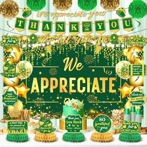 We Appreciate You Party Decorations Green Gold Thank You for All You Do Banner Honeycomb Centerpieces Hanging Swirls for Office Employee Pastor Teacher Doctor Labor Day Boss Appreciation Party Decor - Image 2
