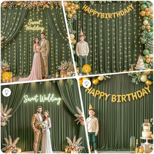 30 x 10ft Olive Green Backdrop Curtains with Lights String - Image 6
