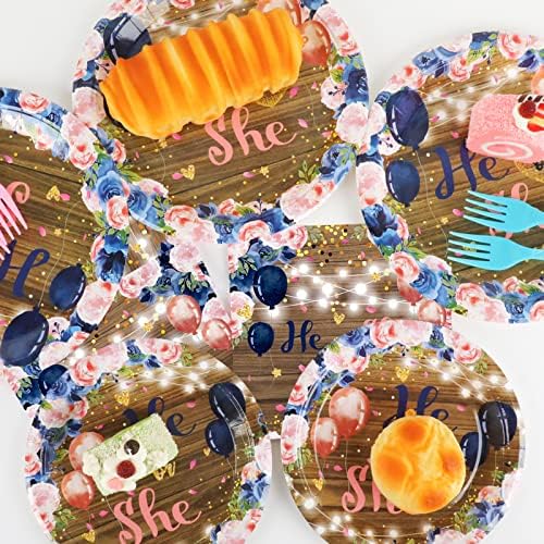 Wiooffen 96 Pcs Gender Reveal Party Decorations Supplies He or She Tableware Set Shower Dessert Plates Napkins Forks for 24 Guests Party Favors - Image 5