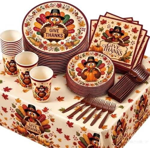 Thanksgiving Party Supplies for 24 Guests, Turkey Disposable Dinnerware Set with Dinner Plates, Dessert Plates, Cups, Napkins, Forks & Tablecloth, Give Thanks Fall Decorations for Thanksgiving Dinner by CANCJ