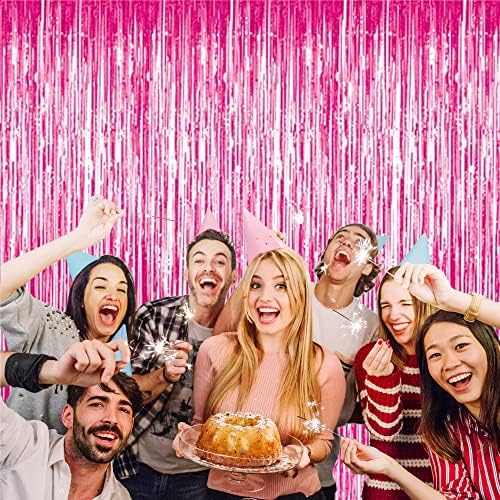 GOER 6.4 ft x 9.85 ft Metallic Tinsel Foil Fringe Curtains,Pack of 2 Party Streamer Backdrop for Galentines Day,Birthday,Graduation Decorations and New Year Eve (Hot Pink) - Image 2