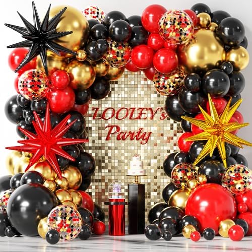 LOOLEY 137Pcs Red Black Gold Balloons Garland Arch Kit with Stars - 5 10 12 18 inch Red Black Gold Confetti Latex Balloons for Graduation Hollywood Casino Theme Party Decorations by LOOLEY