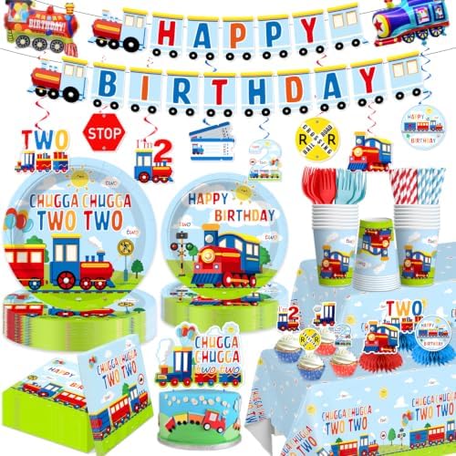 202Pcs Chugga Chugga Two Two Party Decorations Serves 25 Guests, 2nd Birthday Decorations for Boys Include Banner, Plates, Tablecloth, Balloons, Cake Topper, Cupcake Toppers, Train Birthday by Unknown