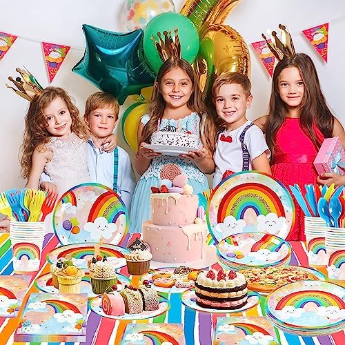 Rainbow Party Supplies, Happy Birthday Decorations for Girls & Boys -169pcs Rainbow Party Tableware Set Include 9" and 7" Party Plates and Napkins Cups Utensils with Tablecloth for 24 Guests - Image 6