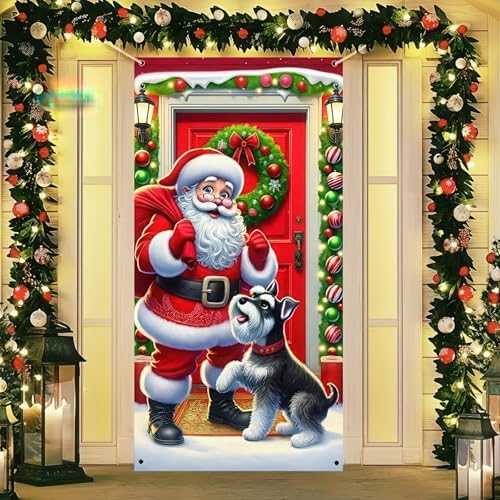 BlissYard Christmas Door Cover Santa Schnauzer 35x71 Inch Polyester by BlissYard