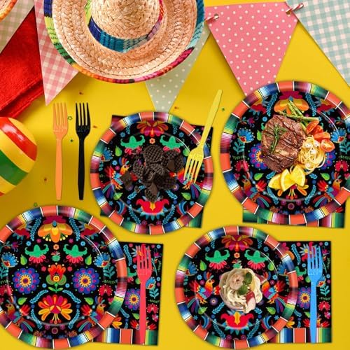 100PCS Mexican Fiesta Party Plates and Napkins Party Supplies Day of The Dead Mexico Mexican Tableware Dinnerware Set Decorations for Dia De Los Muertos Mayo Dance Pinata Colorful Ponchos Serves 25 - Image 3