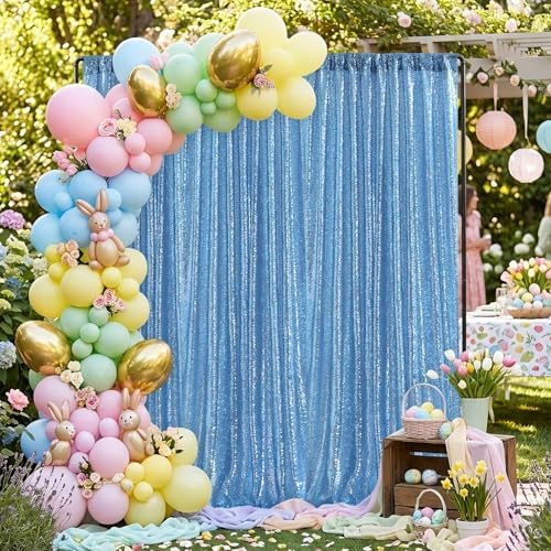 Light Blue Sequin Backdrop Curtains,2 Panels 2FTx8FT Glitter Curtain Backdrop Party Decorations Background Drapes for Wedding Birthday Anniversary Graduation Photo Booth Decor - Image 2
