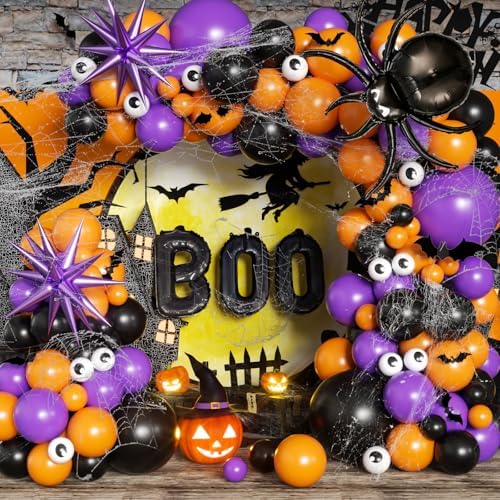 Halloween Arch Garland Kit 146pcs with Spider BOO Star Foil Balloon, Spider Web, Bats, Black Orange Purple Eye Latex Balloons for Birthday Supplies Halloween Party Decorations by PTGOLUO