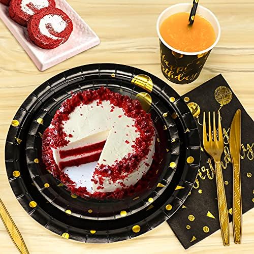 Disposable Party Dinnerware Set &Disposable Birthday Party Dinnerware Paper Plates Napkins Cups, Gold Plastic Forks Knives Spoons (Black/Gold) - Image 4