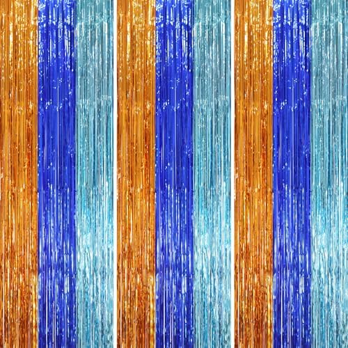 Voircoloria Blue Orange Foil Fringe Backdrop Curtains,3.3x8.2ft, 3 Pack by Voircoloria