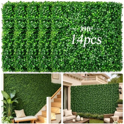 20" X 20" Artificial Grass Wall Panels 14Pcs Greenery Backdrop UV-Protected Faux Boxwood Panels 39 ft² Fake Green Wall Privacy Screen for Outdoor Indoor Decor Party Wedding Garden Fence Decorations by LifeisLuck
