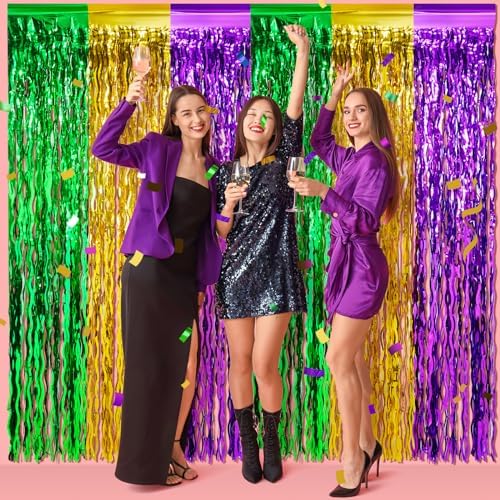 6 Pack 3.3Ft x 6.6Ft Mardi Gras Wavy Foil Fringe Curtain Backdrop Decorations, Purple Gold Green Metallic Tinsel Foil Streamers Curtain Photo Background for Mardi Gras Carnival Wedding Birthday Party - Image 4