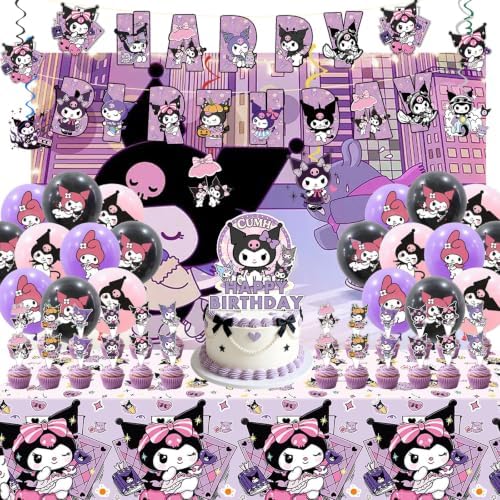For kuromi Party Supplies, 49 PCS Birthday Decorations Set Include Banner, Balloons,, Hanging Swirls, Cake Cupcake Toppers, Tablecloth for Boys Girls Cat Theme Party by Bnqoe%EF%BC%8Cgivingyouagoodsense