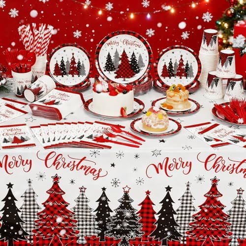 Funnymoom 452 Pcs Christmas Tree Party Supplies for 50, Red Buffalo Plaid Gingham Christmas Paper Plates Napkins Cups Tablecloth Cutlery Straws Tableware Set for Xmas Holiday Party Decorations - Image 4