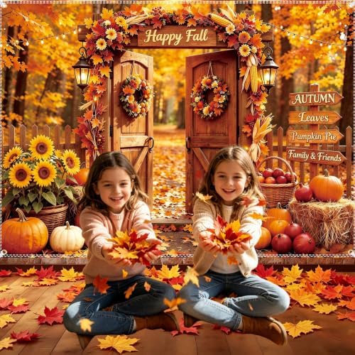 Fall Backdrop 7×5ft, with 100 Pcs Red & Yellow Artificial Maple Leaves - Image 6