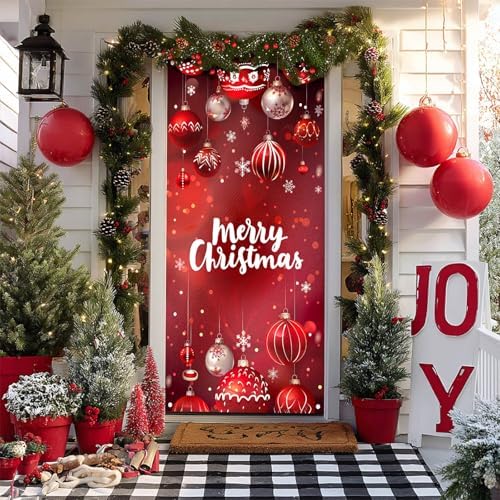 BlissYard Merry Christmas Door Cover 71x35 Inch Front Porch Door Banners Decoration Winter Red Hanging Christmas Ornaments with Snowflakes for Sign Party Indoor Decor - Image 5