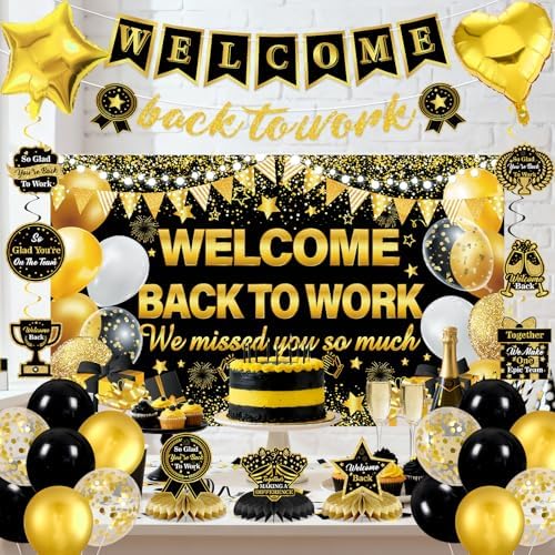27pcs Welcome Back to Work Decorations Office Black Gold Welcome Back to Work Banner Balloons We Missed You So Much Backdrop Hanging Swirls Table Centerpieces Foil Balloons for Back to Work Office - Image 3