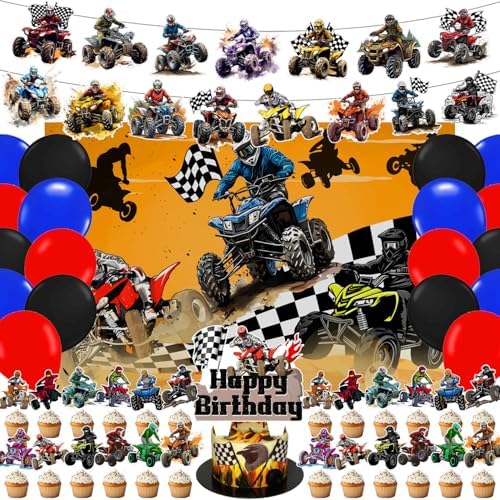 59 Pcs Four Wheeler ATV Quad Bike Birthday Party Supplies, Quad Bike Themed Party Decoration Dirt Bike Backdrop Balloons Cake Cupcake Topper for Four Wheeler ATV Quad Bike Themed Party Decor by Unknown