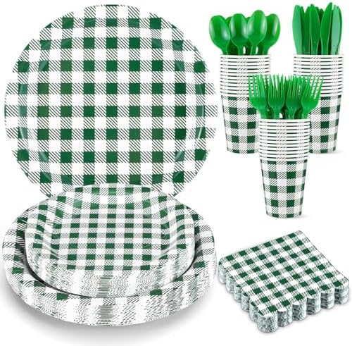 175 Pcs Green Gingham Party Supplies Set For 25 Guests by NatNarr