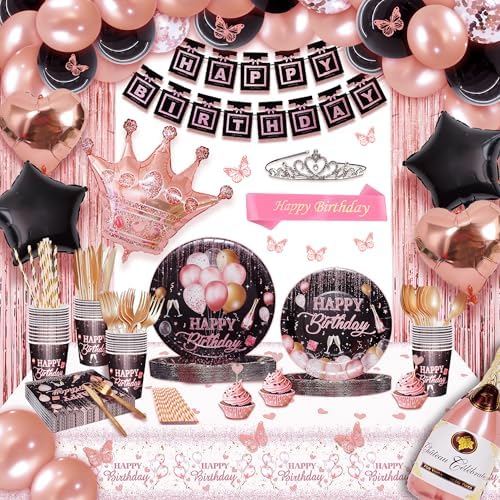 Black Pink Birthday Decorations For Women ,Rose Gold and Black Party Decorations Kit,Happy Birthday Supplies Set-Tableware Pack, Balloon Pump, Banner, Fringe Curtain For 12 Guest by PartySpot%EF%BC%81