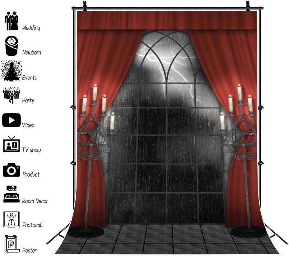 Renaiss 3x5ft Vintage Gothic Window Backdrop Red Curtain Candlestick Black Floor Lightning Stormy Sky Vampire Medieval Castle Photography Background Halloween Dress Up Party Decors Photo Booth Props - Image 5