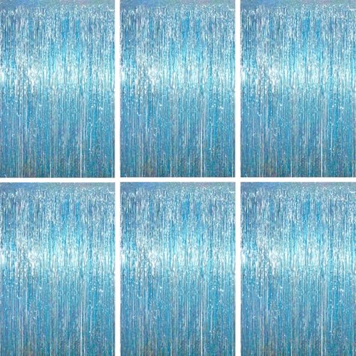 Voircoloria Light Blue Foil Fringe Backdrop Curtains, 3.3x6.6ft, 6pcs by Voircoloria