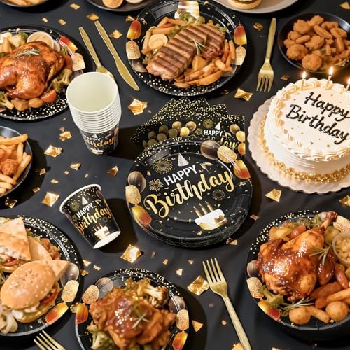 Black and Gold Happy Birthday Party Plates, 168PCS Birthday Party Supplies - Image 5