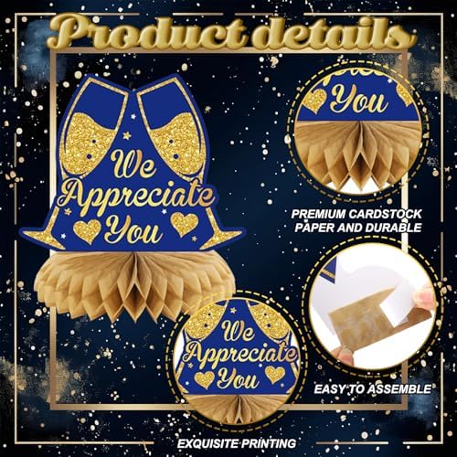 12 Pcs We Appreciate You Decoration Thank You Honeycomb Centerpiece Employee Appreciation Table Decorations Thank Table Topper for Doctor Employee Party Supplies(Gold and Blue) - Image 4