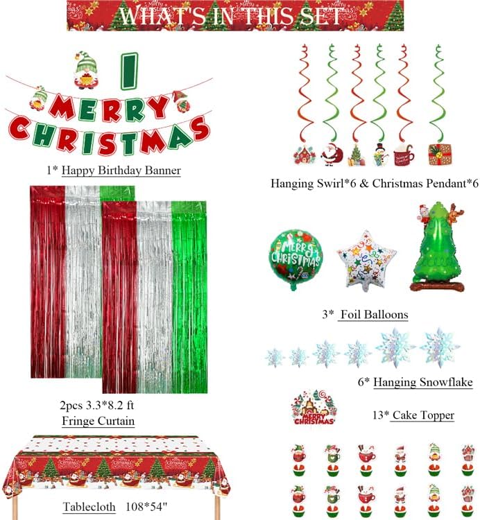 Christmas Party Decorations Set, Merry Christmas Banner, Multicolor Fringe Curtains, Xmas Tree Deer Tablecloth, Santa Cake Topper, Foil Balloons, Snowman Hanging Snowflakes Swirls - Image 2