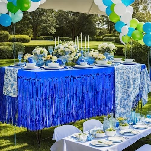 6 PCS Blue Metallic Foil Fringe Tinsel Table Skirts 9 Feet x 29.5 Inch - Image 6