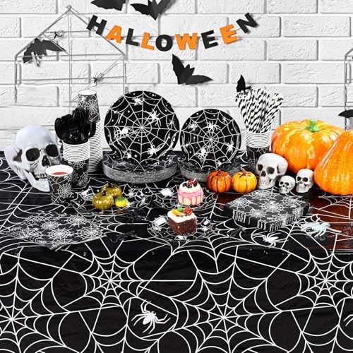 Funnymoom 452 Pcs Halloween Spiderweb Party Supplies Tableware for 50 Guests Include 7&9 Inch Black Spider Web Paper Plates Napkins Cups Tablecloth Cutlery Straws for Spiderweb Birthday Party Decor - Image 6