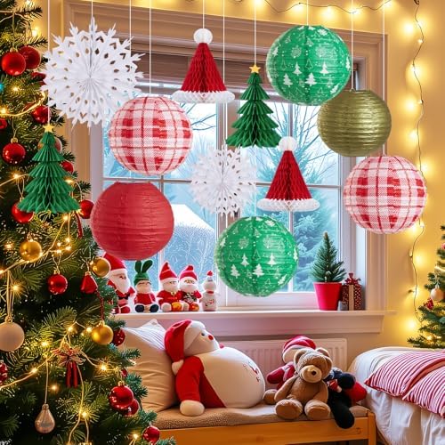 Christmas Hanging Decorations, 12 PCS Paper Lanterns, Honeycomb Christmas Trees, Hanging Paper Fans, Red Green Gold White Holiday Party Supplies for Home Xmas Holiday Party - Image 3