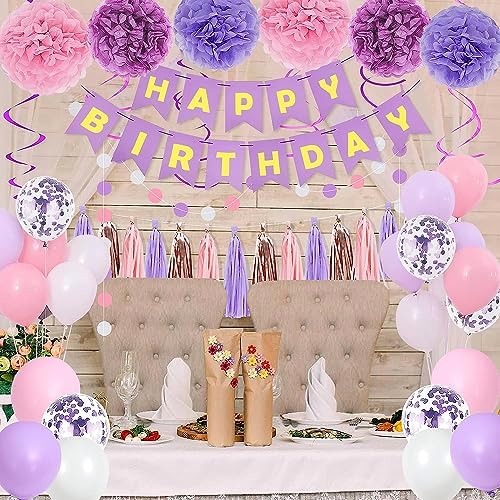 Purple Pink Birthday Party Decorations for Women Girls with Happy Birthday Banner,Hanging Swirls,Tissue Paper Pompoms,Circle Dots Garland,Tassel Garland Purple Balloons - Image 5