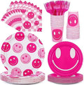 durony 144 Pieces Preppy Birthday Decorations Pink Smile Face Tableware Set Preppy Smile Plates Cups Napkin and Forks for Bachelorette Smiley Face Birthday Party Supplies by durony
