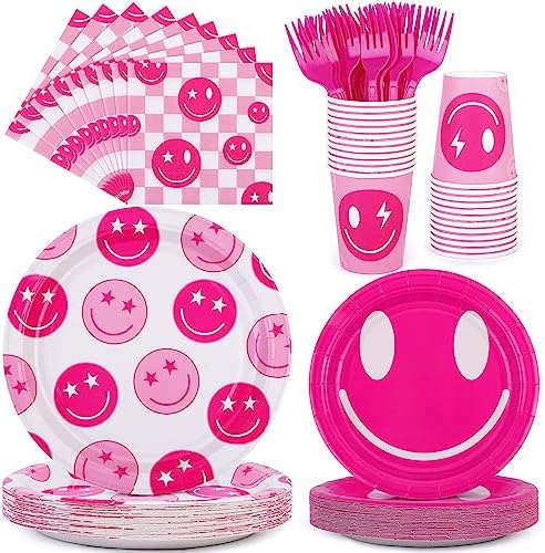 durony 144 Pieces Preppy Birthday Decorations Pink Smile Face Tableware Set Preppy Smile Plates Cups Napkin and Forks for Bachelorette Smiley Face Birthday Party Supplies by durony