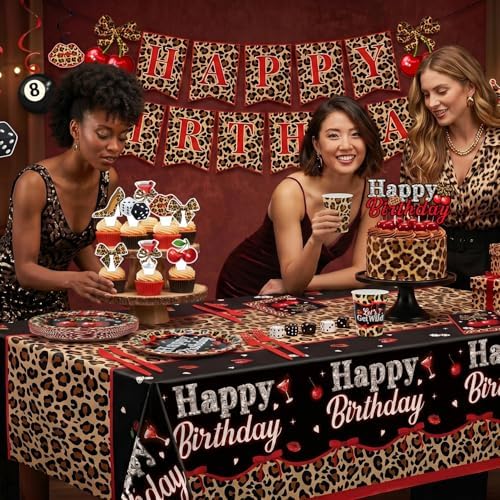 Kinovo 206 pcs Cheetah Print Birthday Decorations-Serves 24, Red Black Cherry Leopard Party Supplies Y2K with Plates Napkins Tablecloth Banner Balloons Cake Topper for Womens - Image 2