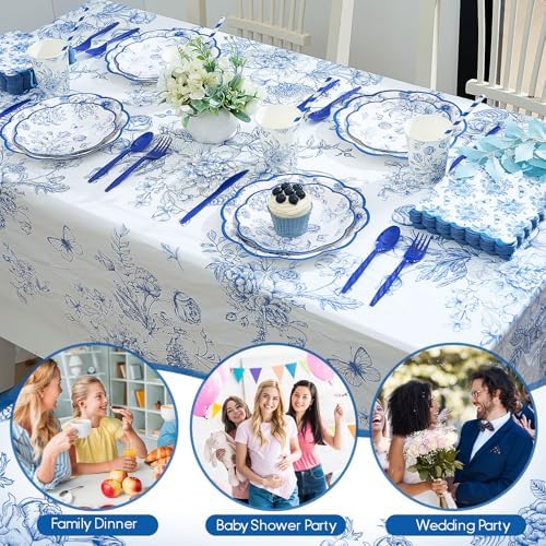 Funnymoom 452 Pcs Blue Floral Plates and Napkins Party Supplies, Scalloped Chinoiserie Blue White Flower Paper Plates Napkins Cups Tablecloth Cutlery Straw for Wedding Bridal Tea Party Decoration - Image 5