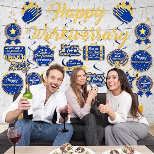 Blue Happy Work Anniversary Decorations Banner Navy Blue Gold Glitter Happy Workiversary Banner Office Anniversary Party Hanging Swirls Banner for Employee Worker Office Party Decor Supplies - Image 3