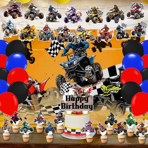 59 Pcs Four Wheeler ATV Quad Bike Birthday Party Supplies, Quad Bike Themed Party Decoration Dirt Bike Backdrop Balloons Cake Cupcake Topper for Four Wheeler ATV Quad Bike Themed Party Decor - Image 5
