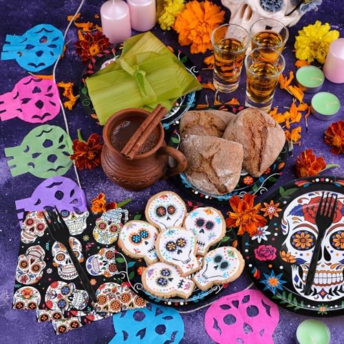96 Pieces Day of the Dead Tableware Set - Mexican Sugar Skull Pattern Disposable Plates, Napkins, and Forks for Dia de los Muertos, Halloween, Fiesta, and Cultural Celebrations – Serves 24 - Image 6