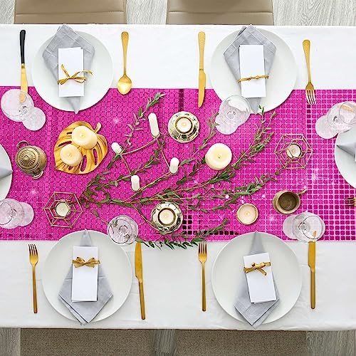 durony 2 Pack Mirror Disco Party Table Runner, 11 x 108 Inch, Hot Pink - Image 6