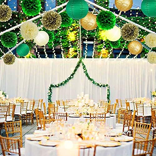 Paper Lanterns Paper Pom Poms Green and Gold Party Decorations 15pcs - Image 6