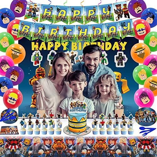 Birthday Party Decorations - Theme Children's Party Supplies Included Happy Birthday Banner, Backdrop, Hanging Swirls, Tablecloth, Cupcake Cake Toppers, Plates, Tableware, Napkins, Balloons - Image 4