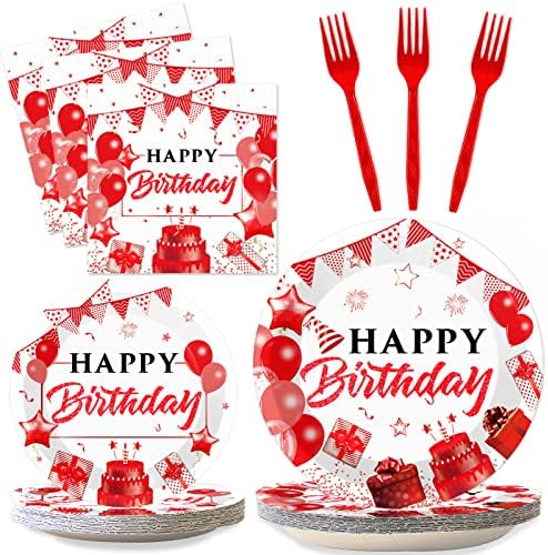 96pcs Red White and Gold Birthday Plates Napkins Forks Party Tableware Set Confetti Sprinkles Happy Birthday Party Decorations Red Table Decors for Men Women for 24 Guests by Wiooffen