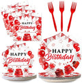 96pcs Red White and Gold Birthday Plates Napkins Forks Party Tableware Set Confetti Sprinkles Happy Birthday Party Decorations Red Table Decors for Men Women for 24 Guests by Wiooffen