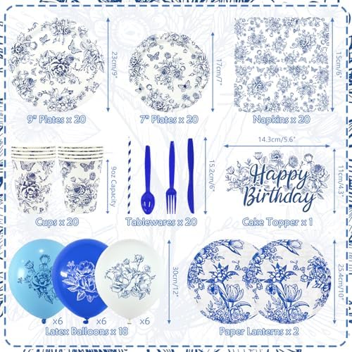 Blue Floral Party Decoration, Including Happy Birthday Banner, Plates, Cups, Napkins, Tablecloth, Paper Lantern, Straws, for Flower Birthday Wedding Chinoiserie Party Supplies Serves 20 - Image 2