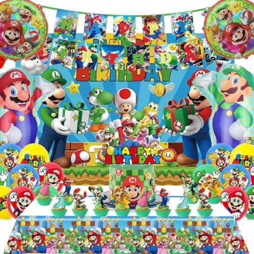 Birthday Party Decorations,48PCS Mario Cartoon Theme Supplies - 1 Backdrop, 1 Banner, 4 Aluminum Balloons, 1 Tablecloth, 25 Cake Toppers, 16 Latex Balloons. by Unknown